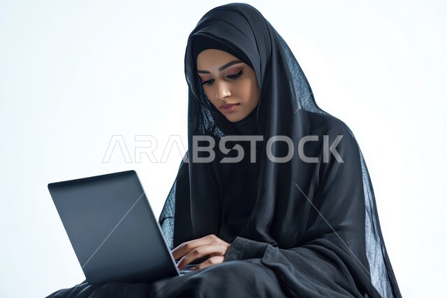 دمج التقنيات الحديثة والمتطورة في مجال العمل، بورتريه لامراة عربية خليجية سعودية محجبة ترتدي العباءة السوداء تجلس أمام الحاسوب المحمول و تتابع عملها بإيماءات التركيز والاندماج، إدارة شؤون الأعمال وتنظيمها، مهن ووظائف نسائية  في المملكة العربية السعودية، خلفية بيضاء