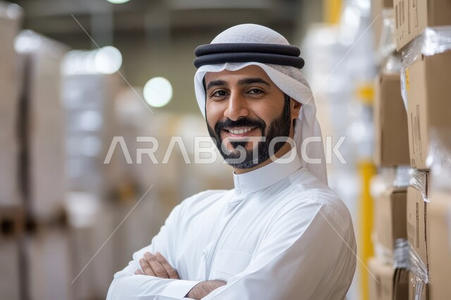 مفهوم إدارة المخزون وعمليات الاستلام والتخزين, مخازن معامل ومصانع المملكة العربية السعودية، صورة مقربة لعامل مستودعات عربي خليجي سعودي يرتدي الغترة والثوب التقلدي يقف بأيدي متقاطعة بثقة بالنفس, النظر للكاميرا بإيماءات السرور، صناديق وكراتين مغلفة داخل المستودع