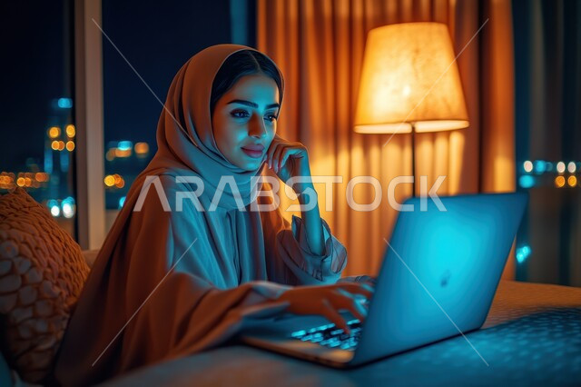 استخدام الأجهزة التكنولوجية الحديثة والمتطورة، إدارة شؤون الأعمال وتنظيمها، صورة لسيدة عربية خليجية سعودية محجبة تجلس أمام الحاسوب المحمول في المنزل وتعمل بإيماءات التركيز والاندماج، مهن ووظائف إدارية للنساء بالسعودية، مفهوم العمل عن بعد عبر الانترنت