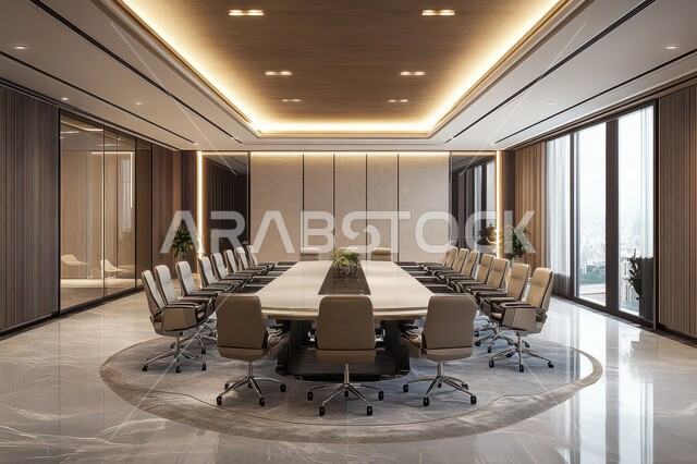 غرفة اجتماعات واسعة مع طاولة محاطة بكراسي، التصميم العصري الحديث للمكاتب في الشركات والمراكز التجارية السعودية، النوافذ والواجهات الزجاجية الكبيرة المطلة على الخارج، غرف مكتبية بتصاميم وديكورات داخلية فخمة، قاعة الأعمال وعقد الاتفاقات مع فريق العمل