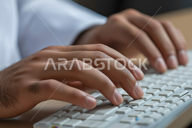إدارة شؤون الأعمال المكتبية وتنظيمها، استخدام الأجهزة التكنولوجية الحديثة والمتطورة، صورة مقربة ليدي شاب عربي خليجي سعودي يقوم بالكتابة والنقر على لوحة مفاتيح جهاز الحاسوب في المكتب ويعمل بجد واجتهاد، مهن ووظائف إدارية مكتبية للشباب في المملكة العربية السعودية