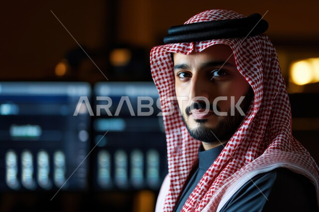 مهن ووظائف ادارية مكتبية، بيئة العمل المريحة في الشركات السعودية، متابعة أعمال الشركة و دراسة وتتبع المشاريع الحديثة، رجل أعمال عربي خليجي سعودي يرتدي الشماغ والثوب التقليدي ينظر الى الكاميرا بايماءات الثقة بالنفس والبشاشة، خلفية شاشات الحاسوب المضيئة