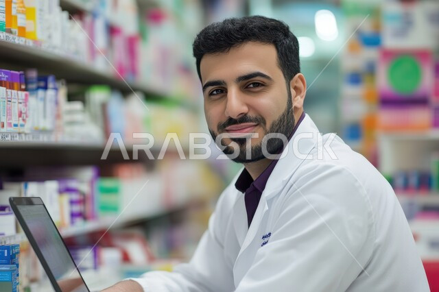 تقديم الرعاية الصحية والوصفات الطبية، جرد وفحص مخزون الأدوية والمستلزمات الطبية داخل الصيدلية، صورة مقربة لشاب صيدلاني وسيم عربي سعودي خليجي يرتدي اليونيفورم الطبي ينظر للكاميرا الثقة بالنفس والسرور، العمل في قطاع الطب والصيدلة
