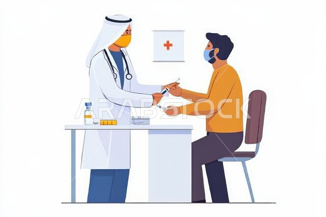 تقديم الاستشارات الطبية والخدمات الصحية للمرضى، رسوم توضيحية ثلاثية الأبعاد لطبيب عربي خليجي سعودي يرتدي المعطف الطبي و الغترة ويضع السماعة الطبية حول عنقه يقوم بإمساك يد المريض وفحصه، مفهوم الطب والرعاية الصحية، ضرورة اتباع اجراءات الوقاية ضد فيروس كورونا
