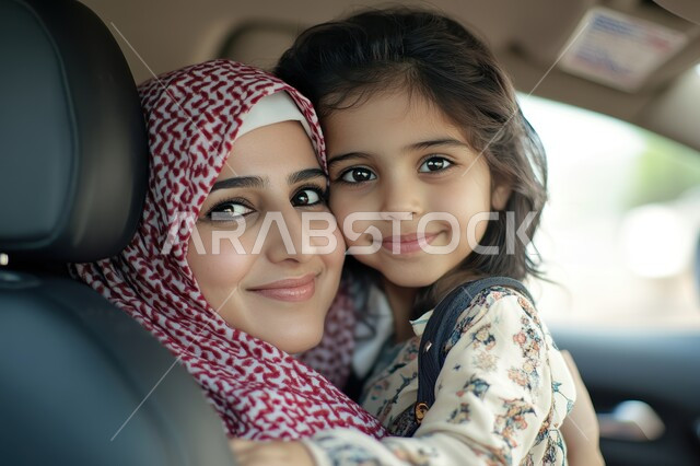 الشعور بالأمان والاطمئنان، تعزيز رابط الأمومة بين الأم وصغيرتها، إيماءات السعادة والسرور، مفهوم حنان الأمهات و تحمل المسؤولية والعناية بالأطفال، سيدة عربية خليجية سعودية محجبة تحضتن طفلتها بحب داخل السيارة، قضاء الأوقات الممتعة مع الأبناء