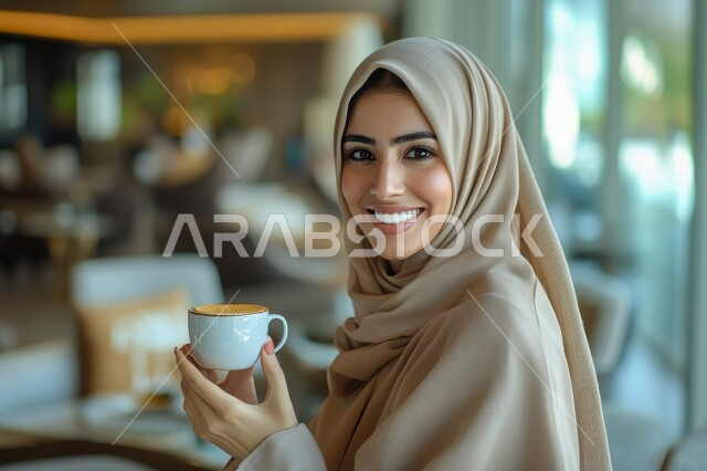لاستمتاع في تناول المشروبات الساخنه الشهيه، النظر الى الكاميرا بإيماءات السرور، مفهوم الاهتمام بالمظهر الخارجي، منتجات محلية وطنية سعودية، صورة مقربة لامراة عربيه خليجية سعودية مبتسمة محجبة ترتدي العباءة تحمل بيدها كوب من القهوة