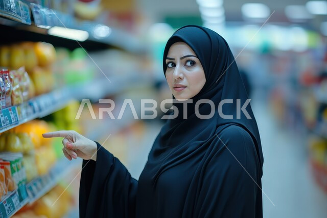 السهولة والراحة في التسوق, قضاء وقت ممتع في اختيار اللوازم المنزلية, امتلاك خيارات شراء و استهلاك مختلفة في متجر الاغذية، صورة مقربة لسيدة عربيه خليجية سعوديه محجبة تقف في أحد أقسام الماركت وتشير باصبع السبابة نحو منتج ما بإيماءات التفكير والريبة