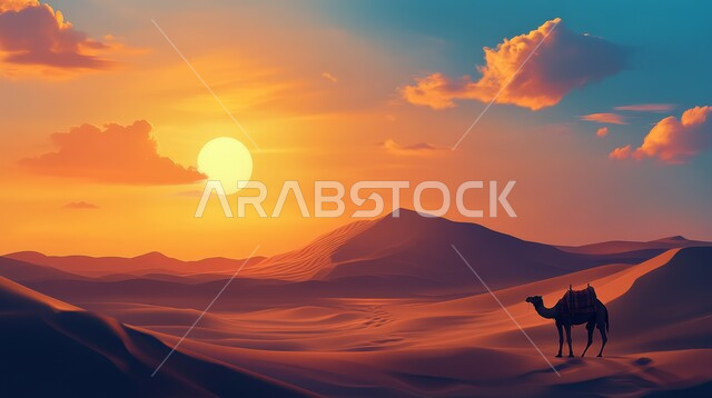 View of the sky full of clouds and clouds, the concept of interest in raising camels and caring for livestock in the Kingdom of Saudi Arabia, terrain, heights and sandy peaks, means of transportation and travel in the past, a camel standing in the middle of soft golden sand, wild nature reserves for caring for camels and camels in desert areas