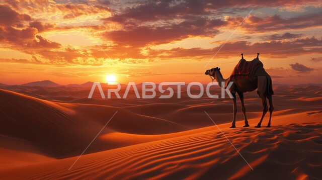 منظر السماء المليئة بالغيوم والسحب، مفهوم الاهتمام بتربية الجمال ورعاية المواشي في المملكة العربية السعودية، التضاريس والمرتفعات والقمم الرملية، وسائل التنقل والسفر في القديم، حيوان الجمل يقف وسط الرمال الذهبية الناعمة، محميات طبيعية برية للعناية بالجمال والابل في المناطق الصحراوية