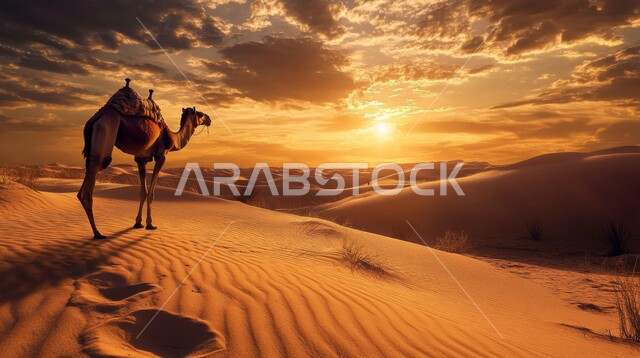منظر السماء المليئة بالغيوم والسحب، مفهوم الاهتمام بتربية الجمال ورعاية المواشي في المملكة العربية السعودية، التضاريس والمرتفعات والقمم الرملية، وسائل التنقل والسفر في القديم، حيوان الجمل يقف وسط الرمال الذهبية الناعمة، محميات طبيعية برية للعناية بالجمال والابل في المناطق الصحراوية