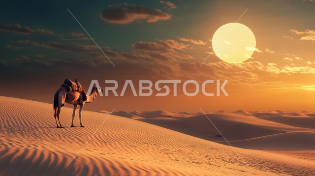 منظر السماء المليئة بالغيوم والسحب، مفهوم الاهتمام بتربية الجمال ورعاية المواشي في المملكة العربية السعودية، التضاريس والمرتفعات والقمم الرملية، وسائل التنقل والسفر في القديم، حيوان الجمل يقف وسط الرمال الذهبية الناعمة، محميات طبيعية برية للعناية بالجمال والابل في المناطق الصحراوية