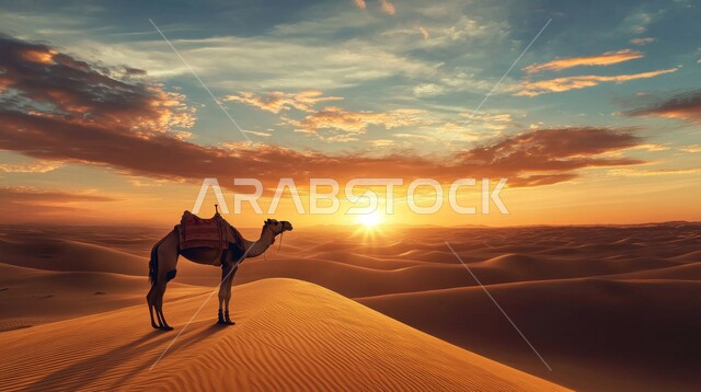 منظر السماء المليئة بالغيوم والسحب، مفهوم الاهتمام بتربية الجمال ورعاية المواشي في المملكة العربية السعودية، التضاريس والمرتفعات والقمم الرملية، وسائل التنقل والسفر في القديم، حيوان الجمل يقف وسط الرمال الذهبية الناعمة، محميات طبيعية برية للعناية بالجمال والابل في المناطق الصحراوية