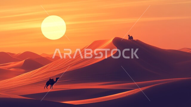 محميات طبيعية برية للعناية بالجمال والابل في المناطق الصحراوية، منظر السماء المليئة بالغيوم والسحب، مفهوم الاهتمام بتربية الجمال ورعاية المواشي في المملكة العربية السعودية، التلال والمرتفعات والقمم الرملية، وسائل التنقل والسفر في القديم، حيوان الجمل يقف وسط الرمال الذهبية الناعمة وقت غروب الشمس