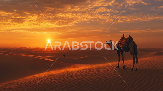 محميات طبيعية برية للعناية بالجمال والابل في المناطق الصحراوية، منظر السماء المليئة بالغيوم والسحب، مفهوم الاهتمام بتربية الجمال ورعاية المواشي في المملكة العربية السعودية، التلال والمرتفعات والقمم الرملية، وسائل التنقل والسفر في القديم، حيوان الجمل يقف وسط الرمال الذهبية الناعمة وقت غروب الشمس