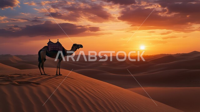 محميات طبيعية برية للعناية بالجمال والابل في المناطق الصحراوية، منظر السماء المليئة بالغيوم والسحب، مفهوم الاهتمام بتربية الجمال ورعاية المواشي في المملكة العربية السعودية، التلال والمرتفعات والقمم الرملية، وسائل التنقل والسفر في القديم، حيوان الجمل يقف وسط الرمال الذهبية الناعمة وقت غروب الشمس