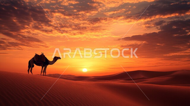 محميات طبيعية برية للعناية بالجمال والابل في المناطق الصحراوية، منظر السماء المليئة بالغيوم والسحب، مفهوم الاهتمام بتربية الجمال ورعاية المواشي في المملكة العربية السعودية، التلال والمرتفعات والقمم الرملية، وسائل التنقل والسفر في القديم، حيوان الجمل يقف وسط الرمال الذهبية الناعمة وقت غروب الشمس
