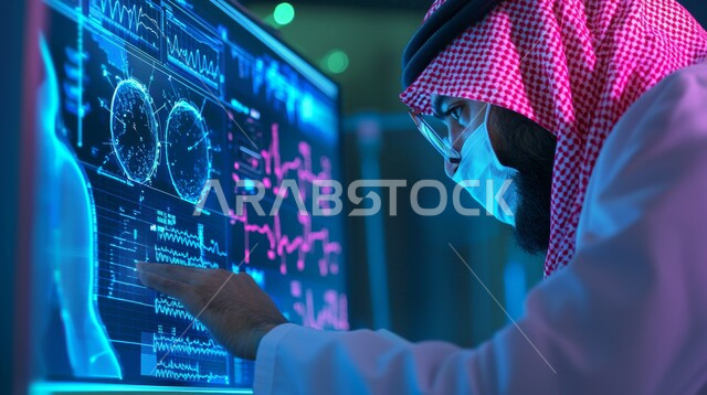 Use of technology and technology in health research, development and progress in the future medical field in the Kingdom of Saudi Arabia, close-up side view of a Saudi Arabian Gulf doctor wearing a white coat and a keffiyeh sitting in a medical room equipped with digital tools and screens for medical diagnosis and treatment