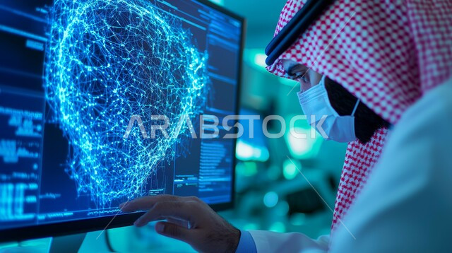 Use of technology and technology in health research, development and progress in the future medical field in the Kingdom of Saudi Arabia, close-up side view of a Saudi Arabian Gulf doctor wearing a white coat and a keffiyeh sitting in a medical room equipped with digital tools and screens for medical diagnosis and treatment