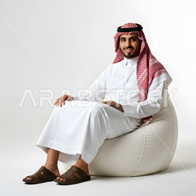 مفهوم الهيبة والرجولة، الأناقة والاهتمام بالمظهر الخارجي، بورتريه مقرب لرجل عربي خليجي سعودي يرتدي الزي التقليدي والشماغ يجلس على كرسي بين باج، النظر الى الكاميرا بتعابير السرور والثقة بالنفس، خلفية بيضاء