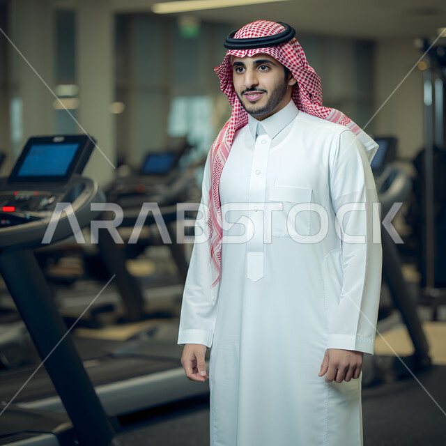 مفهوم الحفاظ على اللياقة، أدوات ومعدات رياضية، نشاط بدني للعناية بالصحة الجسدية، صورة مقربة لرجل عربي خليجي سعودي يرتدي الزي التقليدي والشماغ يقف في صالة الرياضة بالمملكة العربية السعودية، نادي رياضي رجالي، الجسم الكامل بالطول