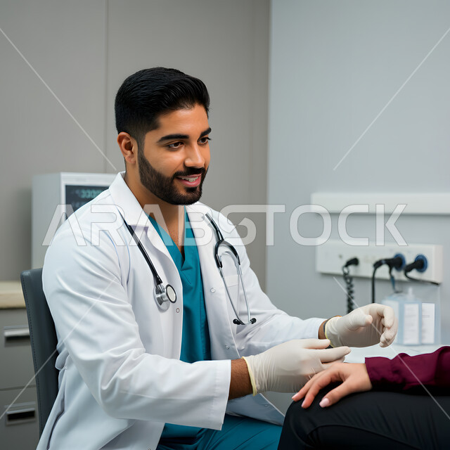 العمل في القطاع الصحي، تقديم الخدمات والاستشارات الصحية العلاجبة، صورة مقربة لطبيب عربي خليجي سعودي يرتدي المعطف الأبيض والسماعات الطبية يجلس على قدميه يقوم بمعاينة المريض، مهن ووظائف طبية