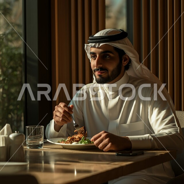 قضاء أوقات ممتعة في المطعم, مطاعم و كافيهات المملكة العربية السعودية, الاستمتاع بالغداء في الخارج, شاب عربي خليجي سعودي يرتدي الثوب التقليدي والكندورة يجلس على المائدة و يقوم بتناول الطعام, النظر إلى شيء ما بعيدا