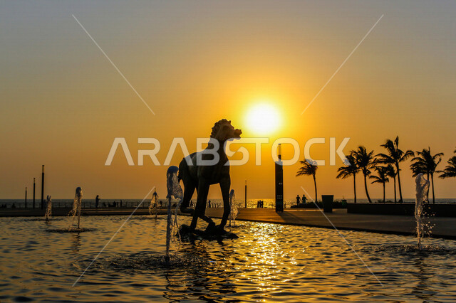 Photography at sunset of the horse anthropomorphic in the new Jeddah Corniche in Saudi Arabia, tourism in Saudi Arabia, Jeddah waterfront, tourist attractions in the coastal city of Jeddah, Jeddah Corniche
