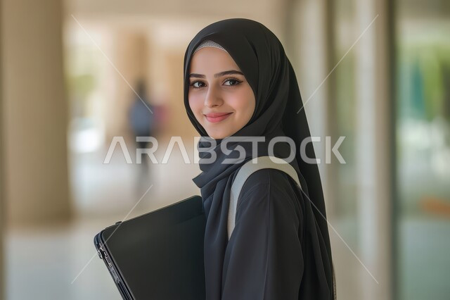 متابعة الدروس أونلاين، استخدام الأجهزة التكنولوجية المتقدمة في المجال الدراسي، طالبة جامعية عربية سعودية خليجية محجبة ترتدي العباءة السوداء تحمل الحاسوب المحمول وتنظر للكاميرا بإيماءات البشاشة، لتعليم الأكاديمي في المملكة العربية السعودية، خلفية الحرم الجامعي