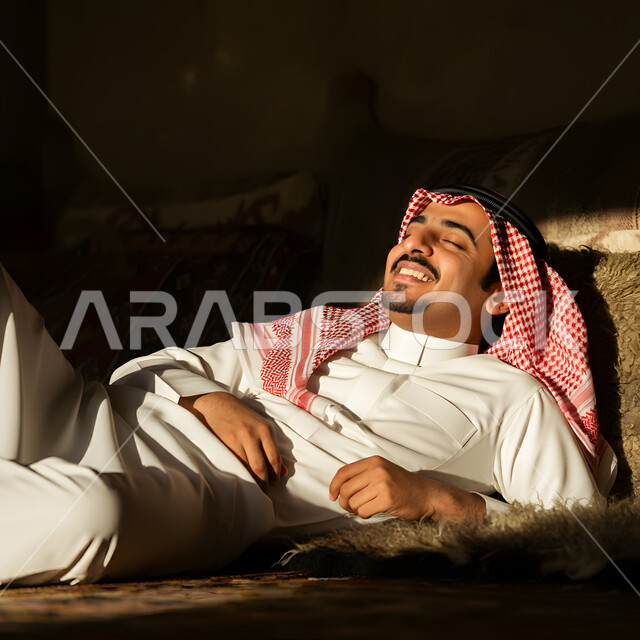 الاسترخاء والراحة وقت القيلوله، صورة مقربة لرجل عربي خليجي سعودي يرتدي الثوب الابيض التقليدي والشماغ مستلقي على سريره، ايماءات وجه ويدين تدل على السعادة، الاستمتاع بنوم هادئ وصحي، وسادة بني ناعمة