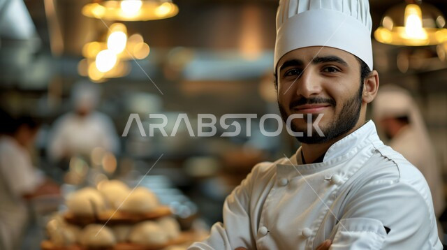 احتراف مهنة وفنون الطبخ، صورة مقربة  لشيف عربي خليجي سعودي يرتدي زي الطهاة يقف بإيماءات أيدي متقاطعة، النظر إلى الكاميرا بتعابير السعادة والسرور، العمل في مطابخ ومطاعم المملكة العربية السعودية