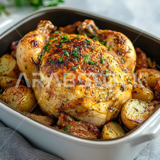 دجاجة كاملة مشوية مع الزعتر والليمون في طبق، وجبة ذات قيمة غذائية عالية، فنون التقديم في مطاعم ومطابخ المملكة العربية السعودية، أطباق من المأكولات العربية التقليدية الشعبية، وصفات طعام شهية صحية ولذيذة