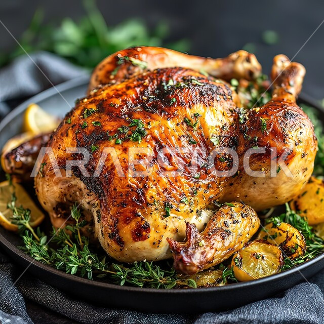 دجاجة كاملة مشوية مع الزعتر والليمون في طبق، وجبة ذات قيمة غذائية عالية، فنون التقديم في مطاعم ومطابخ المملكة العربية السعودية، أطباق من المأكولات العربية التقليدية الشعبية، وصفات طعام شهية صحية ولذيذة