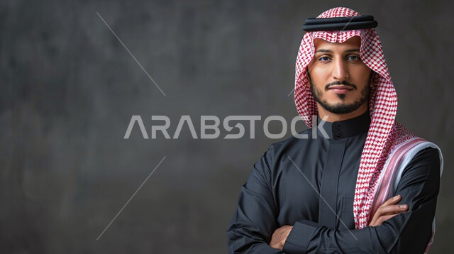 مفهوم الوسامة والرجولة، الأناقة والاهتمام بالمظهر الخارجي، بورتريه مقرب لرجل عربي خليجي سعودي مبتسم يرتدي الشماغ والثوب التقليدي يقف بتعابير أيدي متقاطعة، النظر الى الكاميرا بايماءات السرور والثقة بالنفس، خلفية سوداء