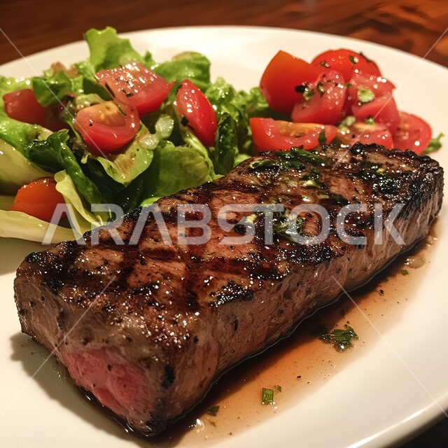 شريحة لحم بقري مشوية مع سلطة وطماطم كرزية على طاولة خشبية، وجبة ذات قيمة غذائية عالية، فنون التقديم في مطاعم ومطابخ المملكة العربية السعودية، أطباق من المأكولات العربية التقليدية الشعبية، وصفات طعام شهية صحية ولذيذة