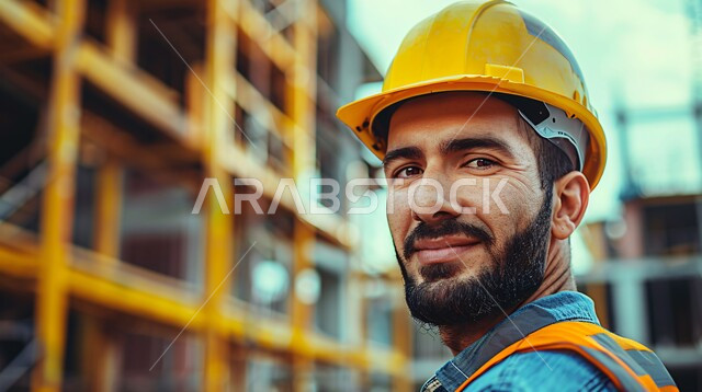 مهن ووظائف هندسية، النظر إلى الكاميرا بإيماءات السعادة والسرور، الاشراف على المشاريع في موقع العمل، صورة مقربة لمهندس عربي خليجي سعودي يرتدي الخوذة وسترة الحماية، تطور ونمو القطاع الهندسي في المملكة العربية السعودية