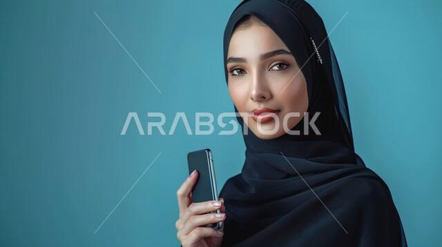 الدردشة مع الأهل والأصدقاء، النظر الى الكاميرا بإيماءات السعادة والسرور، استخدام الاجهزة التقنية الحديثة، بورتريه مقرب لامرأة عربية خليجية سعودية محجبة ترتدي العباءة السوداء تحمل بيدها الهاتف المحمول، خلفية زرقاء