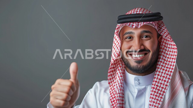 Admiration and satisfaction for achieving a certain thing, the concept of elegance and masculinity, close-up portrait of a smiling Saudi Arabian Gulf man wearing a traditional thobe and shemagh raising his thumb up as a sign of quality and excellence, looking at the camera with gestures of approval and acceptance, gray background