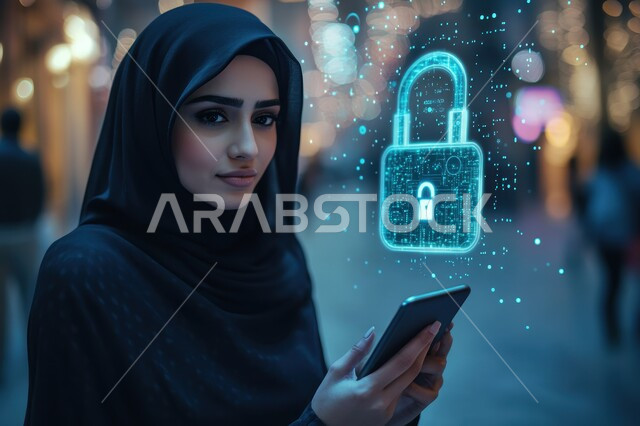 دمج التكنولوجيا الحديثة والمتطورة في الحياة اليومية، صورة مقربة لامرأة عربية خليجية سعودية محجبة ترتدي العباءة السوداء تقف وتمسك بيدها الهاتف المحمول وتنظر إلى مكان ما بشرود، عناصر هولوجرامية بشكل قفل الأمان تعبرحماية البيانات، الدخول الآمن للمعلومات الشخصية