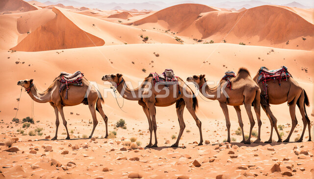 تربية الجمال في محمية طبيعية بالمناطق الصحراوية، قطيع من الابل يمشي على الرمال الذهبية اللامعة في الصحراء، الاهتمام برعاية الحيوانات البرية في المملكة العربية السعودية