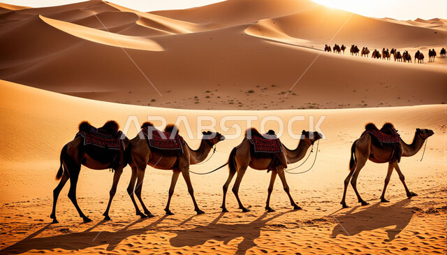 Raising camels in a nature reserve in the desert areas, a herd of camels walking on the golden sands of the desert, interest in caring for wild animals in the Kingdom of Saudi Arabia
