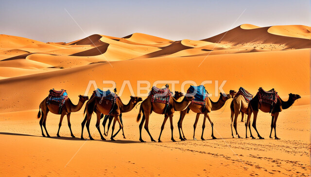 تربية الجمال في محمية طبيعية بالمناطق الصحراوية، قطيع من الابل يمشي على الرمال الذهبية اللامعة في الصحراء، الاهتمام برعاية الحيوانات البرية في المملكة العربية السعودية