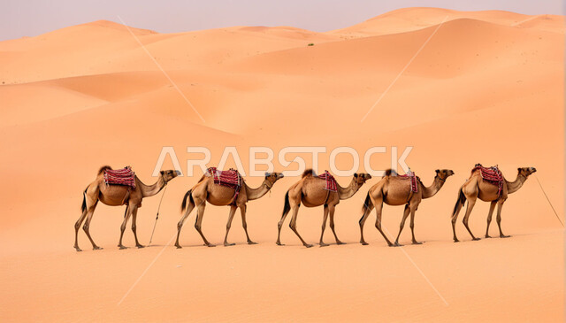 تربية الجمال في محمية طبيعية بالمناطق الصحراوية، قطيع من الابل يمشي على الرمال الذهبية اللامعة في الصحراء، الاهتمام برعاية الحيوانات البرية في المملكة العربية السعودية