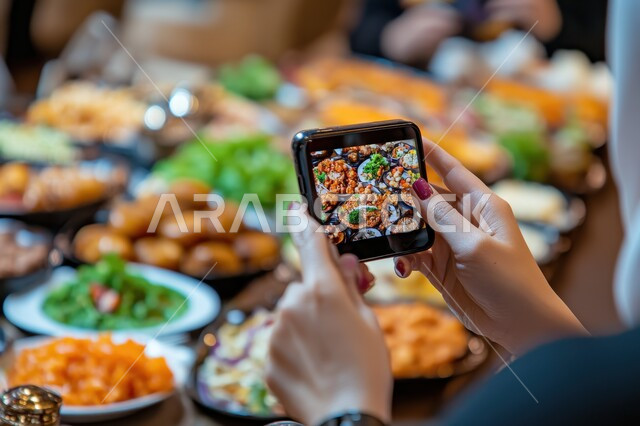 استخدام الأجهزة التقنية والتكنولوجيا في الحياة اليومية، صورة مقربة ليدي شابة عربية خليجية محجبة تقوم بأخذ اللقطات الجميلة لسفرة الطعام، تصوير المائدة بشكل احترافي باستخدام الهاتف المحمول، العزائم والولائم والموائد المتنوعة المليئة بالأطباق والأصناف اللذيذة
