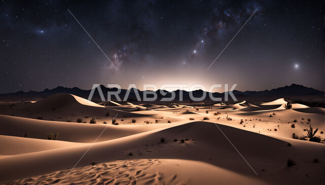 الكثبان والتلال الرملية في صحاري الخليج في وقت الليل، الرمال الذهبية الناعمة في المناطق الصحراوية في المملكة العربية السعودية، المناطق السياحية المشهورة، المناظر الطبيعية المتميزة