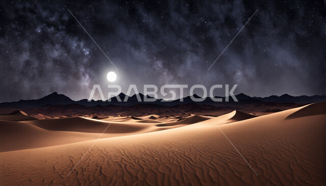 Sand dunes and hills in the Gulf deserts at night, soft golden sand in the desert areas of Saudi Arabia, famous tourist areas, distinctive landscapes