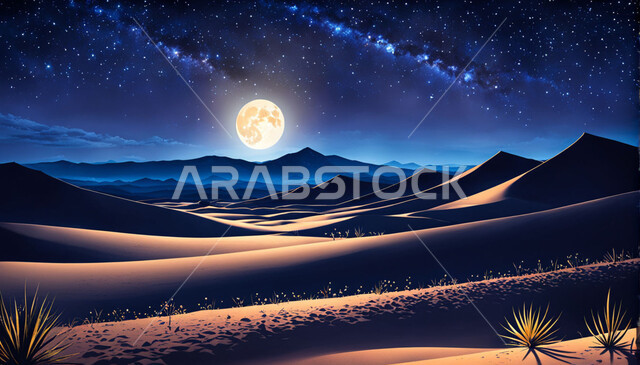 الكثبان والتلال الرملية في صحاري الخليج في وقت الليل، الرمال الذهبية الناعمة في المناطق الصحراوية في المملكة العربية السعودية، المناطق السياحية المشهورة، المناظر الطبيعية المتميزة