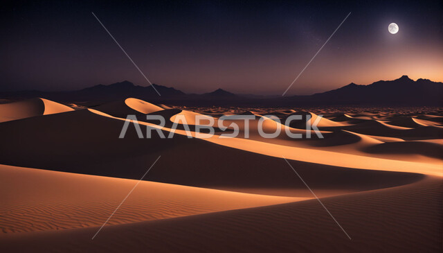 الكثبان والتلال الرملية في صحاري الخليج في وقت الليل، الرمال الذهبية الناعمة في المناطق الصحراوية في المملكة العربية السعودية، المناطق السياحية المشهورة، المناظر الطبيعية المتميزة