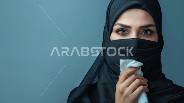 أزياء محجبات عصرية حديثة، بورتريه مقرب لامرأة عربيه خليجيه سعودية منقبة ترتدي الحجاب والعباءة السوداء تحمل بيدها منديل أبيض. النظر الى الكاميرا بإيماءات الثقه بالنفس، الاهتمام بالمظهر الخارجي، مفهوم الأنوثة والأناقة والشياكة والنعومة، جمال النساء السعوديات، خلفية زرقاء