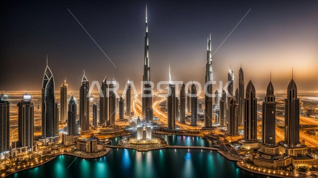 منظر تخيلي مستقبلي للتقدم و النمو العمراني بدبي, المباني والمنشآت التجارية الشاهقة في الامارات العربية, رؤية اماراتية مستقبلية 2031 , الفن الهندسي المعماري للأبراج وناطحات السحاب, بناء مستقبل حضاري ومتطور
