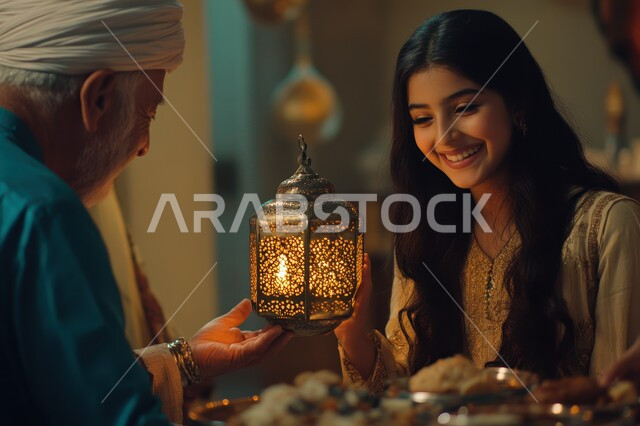 استقبال الشهر المبارك بالزينة والإصاءة، صورة مقربة لفتاة عربية خليجية سعودية تستقبل من جدها مصباح رمضان الكريم، فانوس معدني مزخرف مضيء، الحفاظ على العادات والتقاليد المتوارثة من الأجداد إلى الأحفاد، الأدوات التراثية القديمة الشعبية